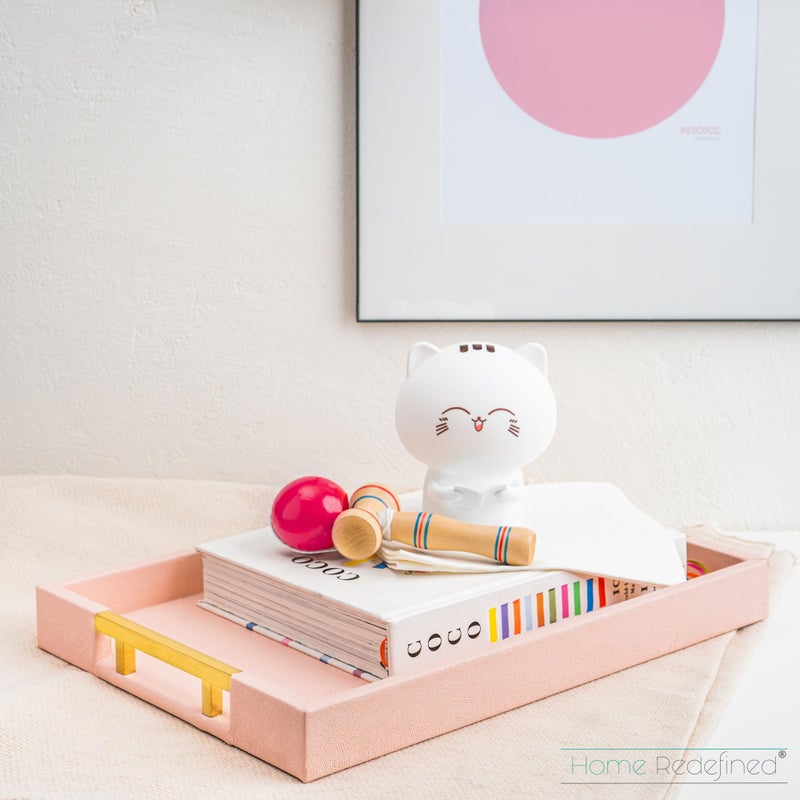 Home Redefined Modern Elegant 17.5"x12" Rectangle Baby Pink Tray Glossy Shagreen Faux Leather Decorative Ottoman Coffee Table Perfume Dresser Kitchen Serving Tray with Gold Polished Metal Handles. - Image 5
